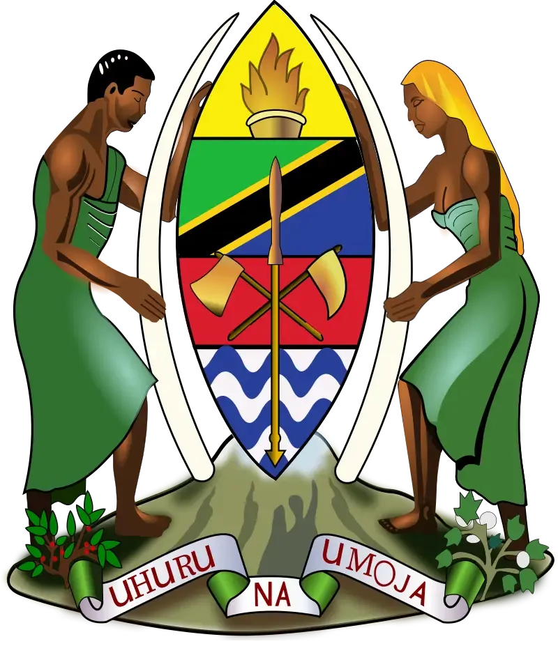 Tanzania coat of arms: man and woman supporting a central shield with Mount Kilimanjaro, flag colors, water waves, a torch, and crossed tools