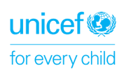 The UNICEF logo displays the word ‘unicef’ in lowercase light-blue letters. Next to the text is the United Nations emblem, also in light blue: a globe shown from above with latitude and longitude lines, surrounded on both sides by curved olive branches forming a circular wreath.