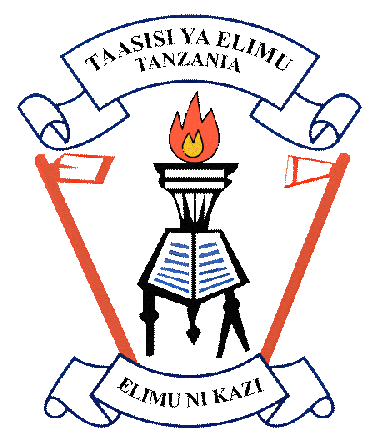 An image logo representing the Tanzania Institute of Education. The top banner, outlined in blue, contains the text ‘Taasisi ya Elimu Tanzania.’ At the center is a black torch with a bright red and yellow flame. Below the torch is an open book with blue lines and two black compasses beneath it. On the left side of the emblem is an orange hoe, and on the right side is an orange axe, both angled inward. Surrounding the emblem are curved ribbon banners outlined in blue. The bottom banner, also outlined in blue, contains the text ‘Elimu ni Kazi.